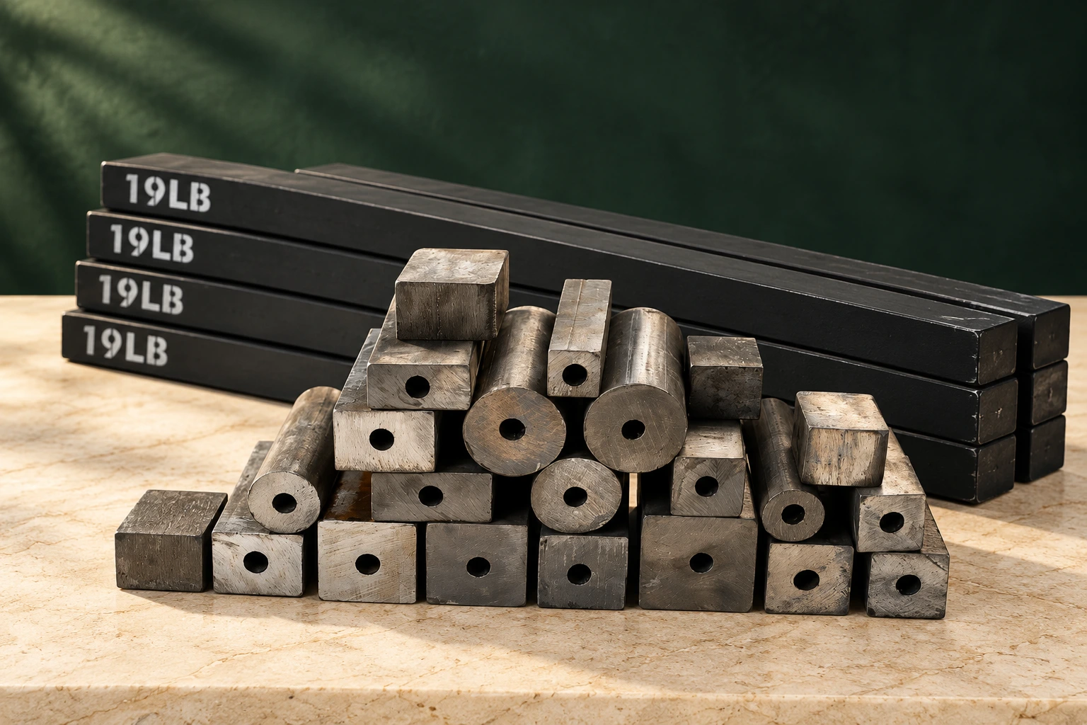 Square and round steel sash weights with long black rectangular weights
